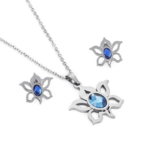 Silver flower jewelry set with hollow sunflower design and blue oval gemstones
