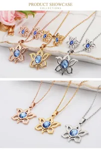 Detailed view of hollow sunflower necklace and earring set with blue zircon in three colors
