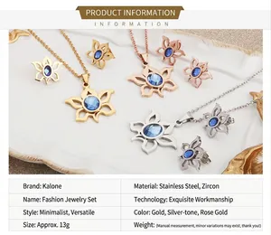 Detail view of lotus jewelry set with blue zircon in gold, silver and rose gold finishes