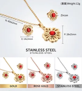 Detailed dimensions and color options for hollow flower necklace and earring jewelry set