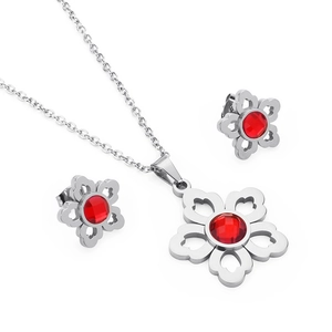 Elegant floral silver jewelry set with red crystal ruby necklace and stud earrings