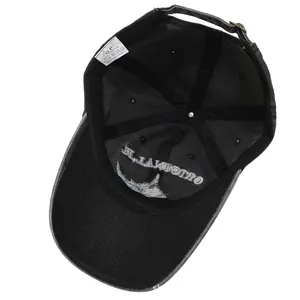Internal view of a washed denim shark baseball cap with cotton sweatband and size adjuster
