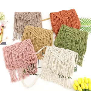 Handmade Woven Cotton Rope Crossbody Bag Summer Beach Vacation Tassel Macrame Geometric Pattern Shoulder Bag For Women