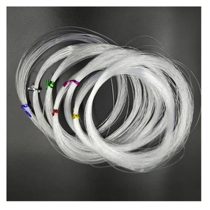 Detail of five spools of clear nylon strings secured with colorful metallic twist ties