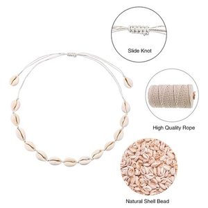 Detail view of handmade shell necklace featuring adjustable slide knot and natural beads