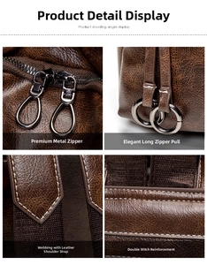 Detail of vintage leather backpack with hardware zippers and reinforced stitching