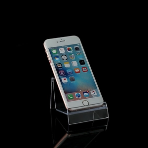 L-shaped acrylic phone stand with high transparency and sleek mirror reflection detail