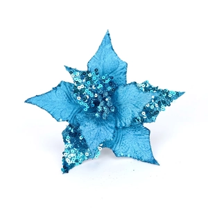 Lake blue artificial poinsettia flower with sequins for DIY Christmas tree decoration