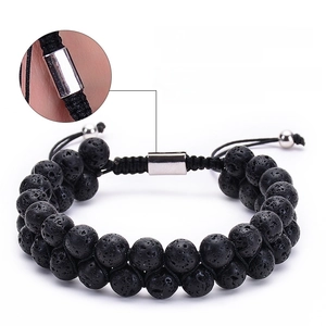 Double-layer natural tiger eye and lava stone braided bracelet with adjustable clasp