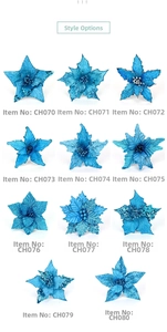 Macro view of blue glittery Christmas flower variations for DIY tree and wreath decoration