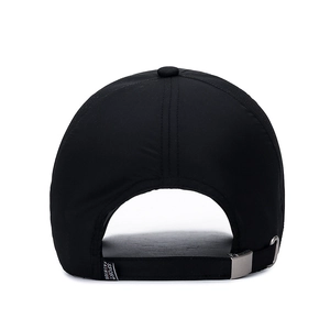 Rear view of black quick-dry sport cap with laser-cut holes and adjustable metal buckle