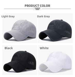 Detail of four quick-dry baseball caps with laser-cut holes in gray, black and white