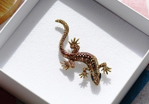 Detail of lizard brooch with brown rhinestones inside a white gift jewelry box