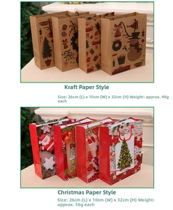 Two styles of Christmas paper gift bags showing rustic kraft and festive glossy finishes
