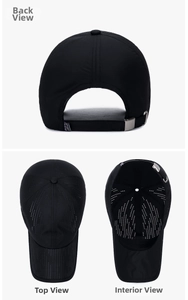 Detail view of black breathable sports cap with laser-cut holes and adjustable strap