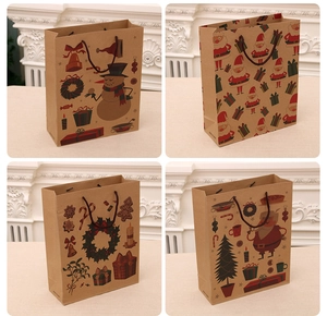 Four-pack of brown kraft Christmas gift bags featuring snowman and Santa Claus designs