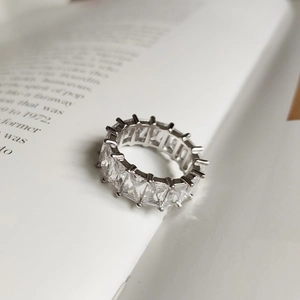 Detailed view of 925 sterling silver eternity band with emerald cut cubic zirconia