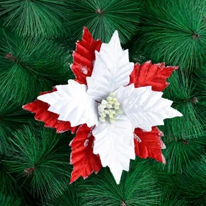 Red and white velvet poinsettia ornament with glitter edges for Christmas tree decor