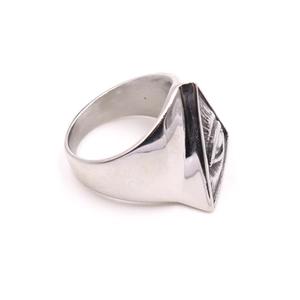 Silver stainless steel Evil Eye pyramid ring with mystic eye engraving on white background