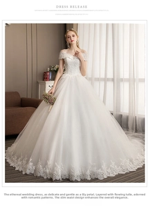Exquisite floral lace embroidery and sequin details on a white off-shoulder bridal gown