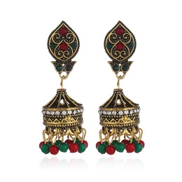 Detailed view of ethnic Jhumka earrings with gold plating and colorful bead accents