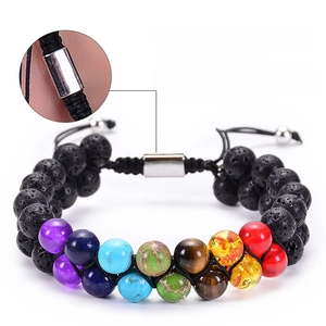 Adjustable double-layer 7 chakra beads and black lava stone braided bracelet for women