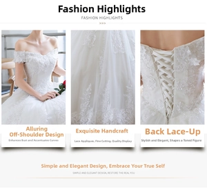 Detail of off-shoulder neckline and lace-up back on embroidered white bridal gown