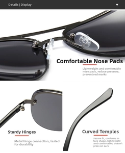 Detail of soft silicone nose pads, metal hinges and curved temples for comfort