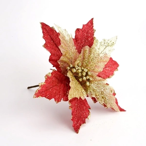 Red and gold artificial Christmas poinsettia flower with glitter sequins and long stem