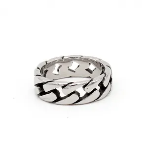 Bague rétro pour hommes en acier titane argenté poli avec design de chaîne cubaine