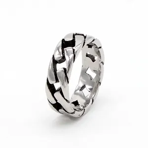 Bague chaîne cubaine style punk vintage en acier inoxydable pour homme avec finition argentée