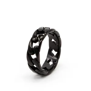 Bague vintage pour homme en acier inoxydable noir avec design de chaîne cubaine