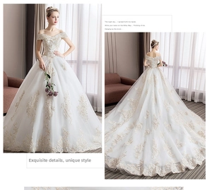 Exquisite off-shoulder ball gown wedding dress with champagne lace and long train details
