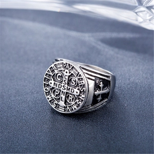 Vintage Saint Benedict medal ring in antique silver stainless steel for men