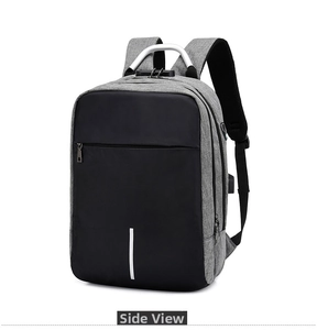 Business laptop backpack featuring USB charging port and sleek silver metal top handle