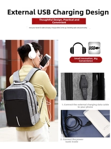 Detail showing side USB charging port and interior power bank cable on gray backpack