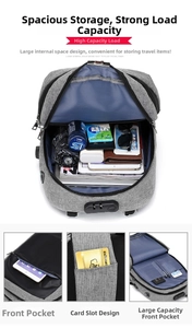 Detail view of anti-theft combination lock and multi-layer storage on grey business backpack