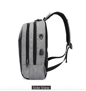 Side view of anti-theft laptop backpack showing USB charging port and headphone jack