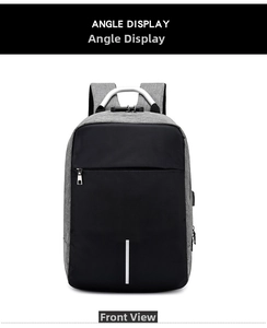 Front view of business backpack with TSA lock and silver metal handle in grey and black