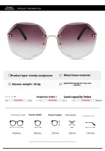 Detail specifications of rimless polygon sunglasses with purple gradient lenses and size chart