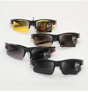 Close-up of four colored cycling sunglasses with red temple accents in a stacked display