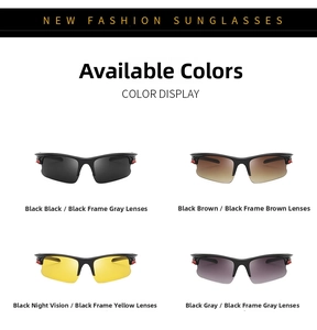 Outdoor sports sunglasses with four lens options: black, brown, night vision, and gray