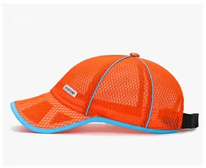 Side view of breathable orange mesh kids sports cap with sky blue contrast piping