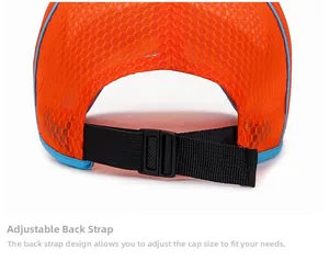 Detail of adjustable back strap and breathable orange mesh on children sun hat