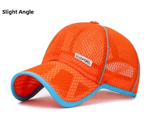 Detail of breathable orange and blue mesh sports cap with embroidered sport text logo