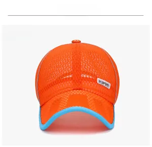 Front view of orange mesh baseball cap with blue trim and Sport logo for kids