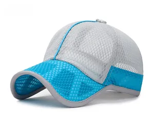 Close-up of breathable mesh baseball cap in grey and bright blue with quick-dry texture
