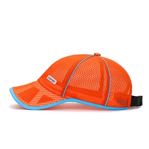 Breathable mesh kids sports sun hat in vibrant orange and blue with adjustable strap