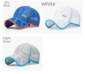 Three breathable mesh sport baseball hats in sky blue, white and light grey