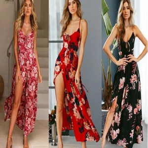 Floral print maxi dress with spaghetti straps and high slit in pink, red, and black